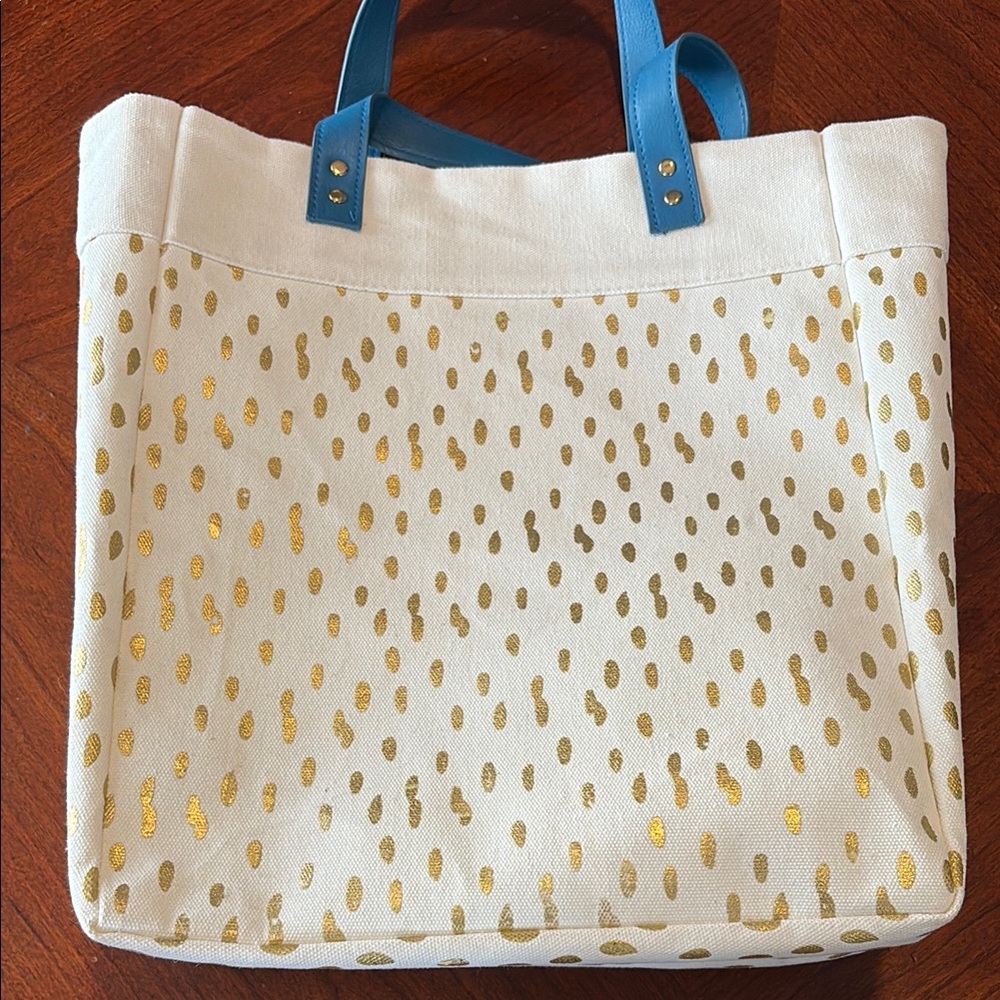 Stylish Cream and Gold Canvas Tote Bag with Blue Handles